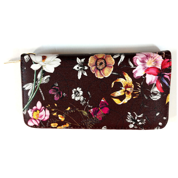 Wallet Womens Clutch Zip Up Wristlet Maroon Floral - Picture 4 of 5